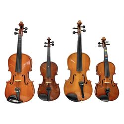 Four student violins - two Chinese three-quarter size with 33.5cm and 34cm two-piece backs; Stringers of Edinburgh quarter size with 28cm two-piece back; and Stentor quarter size with 28cm two-piece back; each in carrying case (4)
