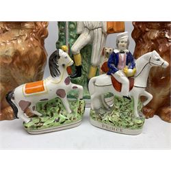 Group of Victorian and later Staffordshire style figures, to include two dogs, Prince upon horse back, horse with pink lustre patches, tall figure of a man beside his dog etc, tallest H41cm