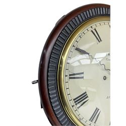 Frodsham of London - 8-day chain driven twin fusee wall clock in a mahogany case c1870, veneered case inlaid with brass stringing and motifs, shaped earpieces and chisel shaped base with pendulum adjustment door, 10” painted steel dial with Roman numerals, minute track and blued serpentine steel hands, dial inscribed Frodsham, Gracechurch Street, London, chain fusee, five-pillar, rack striking movement striking the hours on a cast bell. With pendulum.
H65 W34 D18
George Edward Frodsham, son of John Frodsham is recorded as working in Gracechurch Street, London 1869-79. Succeeded to Frodsham & Baker
