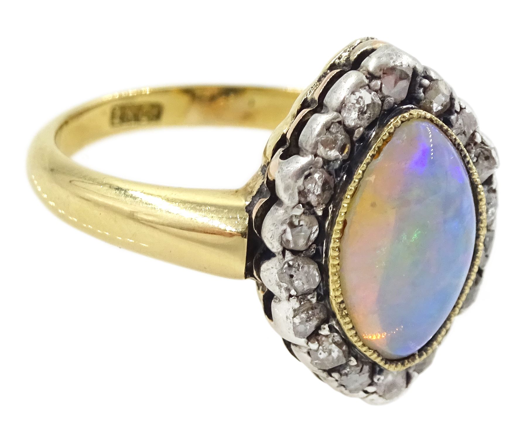 19th / early 20th century silver and gold, marquise cut opal and rose cut diamond cluster ring, stamped 18ct
