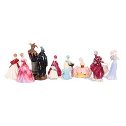 Royal Doulton Elfreda HN2078, together with four other Royal Doulton figures, including Alice HN2158, The Pied Piper HN2102 etc, two Royal Worcester figures and similar 