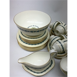 Wedgwood Appledore tea and dinner wares, comprising eight dinner plates,  nine dessert plates, nine side plates, nine cups and nine saucers, nine bowls, one sugar bowl, one jug, one gravy boat and stand, two tureen and covers, and a large bowl. 