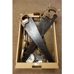  Collection of vintage tools including three saws, moulding plane, three sharpening stones, spoke shave, brace etc  
