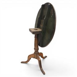 Georgian oak tripod table, plank top with visible dowels with turned baluster column, raised on cabriole supports