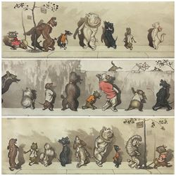 Arthur 'Boris' Klein (French  1893-1985): 'L' Etourdie' 'Sus au Curieux' 'Chacun Son Tour' 'Comme Nos Maitres' 'A La Queue' 'W.C. Prive' and 'O' Liberte', seven etchings with hand colouring signed and titled in pencil from the 'Dirty Dogs of Paris' series 16cm x 44cm (7)