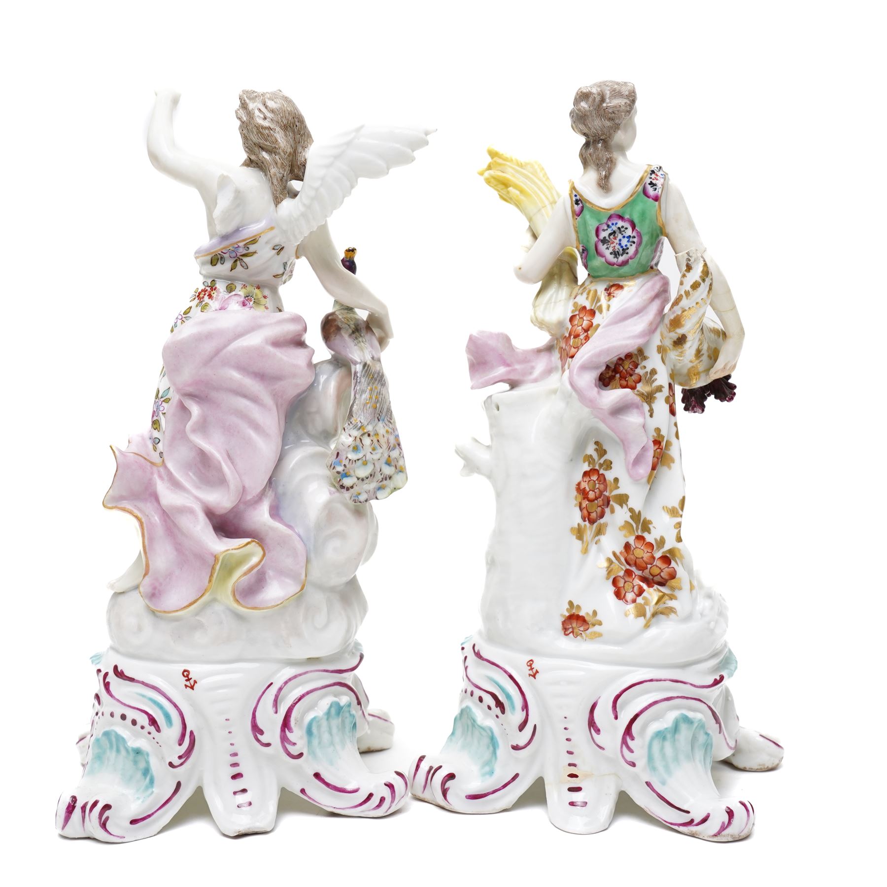 *18th century Chelsea porcelain vase, c1756-1759, with moulded floral decoration, with reserve panels of birds, gold anchor mark to base, H21cm; together with a pair of Sampson figures in Chelsea style, modelled as two female figures holding a peacock and corn, H22, and one further pair of Sampson figures, H17cm (5)From the Kirkham Hall Attic & Cellar Collection, sold without reserve