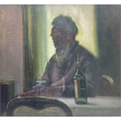 Olive Bagshaw (Northern British fl.1965-1978): Old Man Drinking, oil on canvas board unsigned, inscribed verso 46cm x 48cm 
Provenance: from the Artist's Studio Sale. Miss Bagshaw who was born in Salford, received her formal art training at Salford and Manchester Art School. Her work has been regularly accepted at the Royal Society of Portrait Painters, the Royal Academy and Federation of British Artists (Information from a 1970's Monks Hall Museum and Gallery exhibition catalogue).