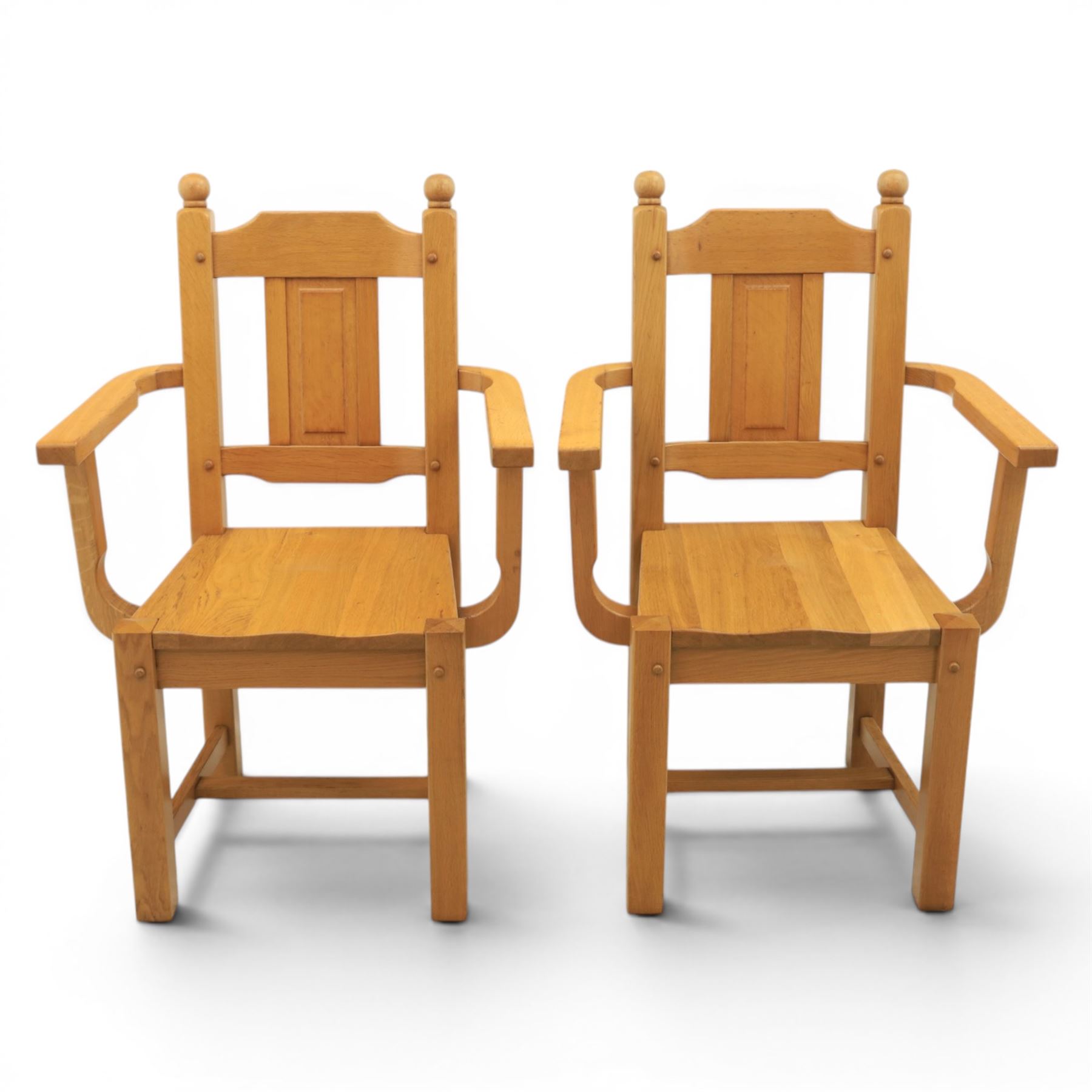 Contemporary solid oak dining table, and set of eight chairs, rectangular plank top with chamfered edges, raised on square supports