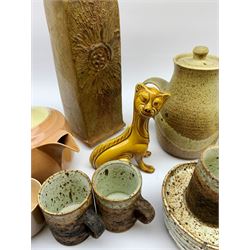 A stoneware speckled glaze coffee pot, impressed mark, three matched coffee cups and four saucers, together with a Branksome China part tea set, a stoneware square section vase and a yellow glazed model of a winking cat H18cm 