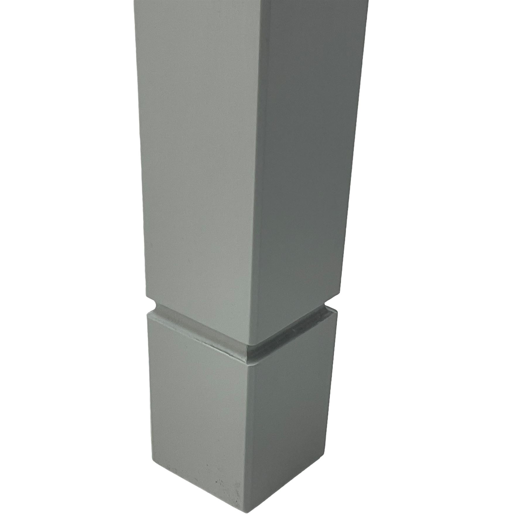 Pine kitchen dining table, rectangular moulded top on painted base, square tapering supports (180cm x 85cm, H78cm); and two matching benches 