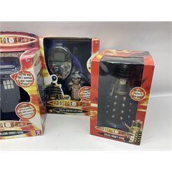 Dr. Who - fourteen boxed or carded collectables by Character Options and Wesco including Dalek and Tardis money banks, Dalek Hunter LCD games, Cyberman figure, Action Figure Sets, alarm clock, key ring, bottle opener, sonic screw driver, complete first series set of DVDs etc