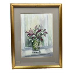 NRJ Hutton (British 20th century): Still Life of Flowers in a Jug, watercolour signed and dated 1987, 32cm x 23cm