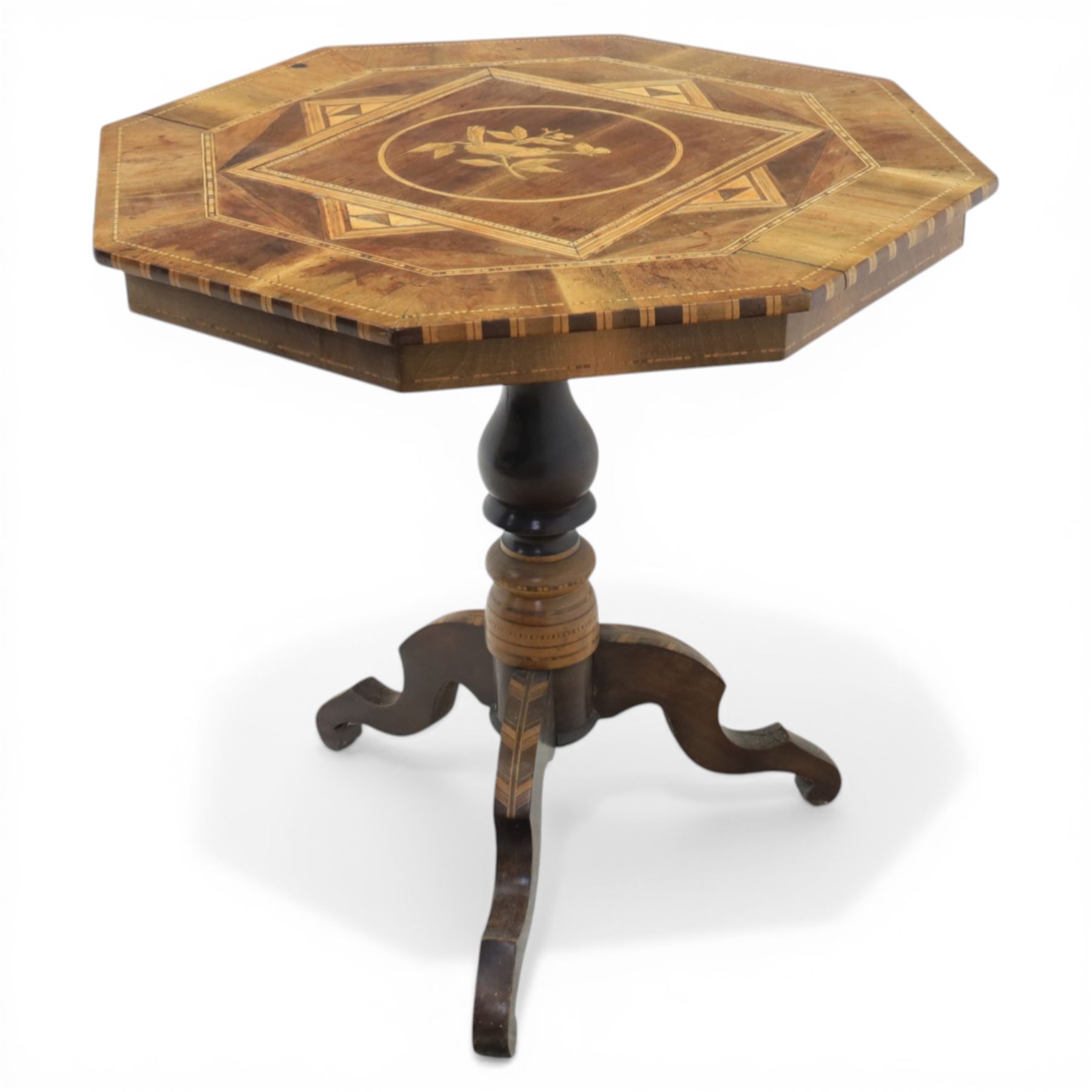 Mid-20th century Italian marquetry inlaid walnut centre table, octagonal top decorated with radiating panels and central foliate roundel, crossbanded borders with line inlay, raised on turned column and tripod base
