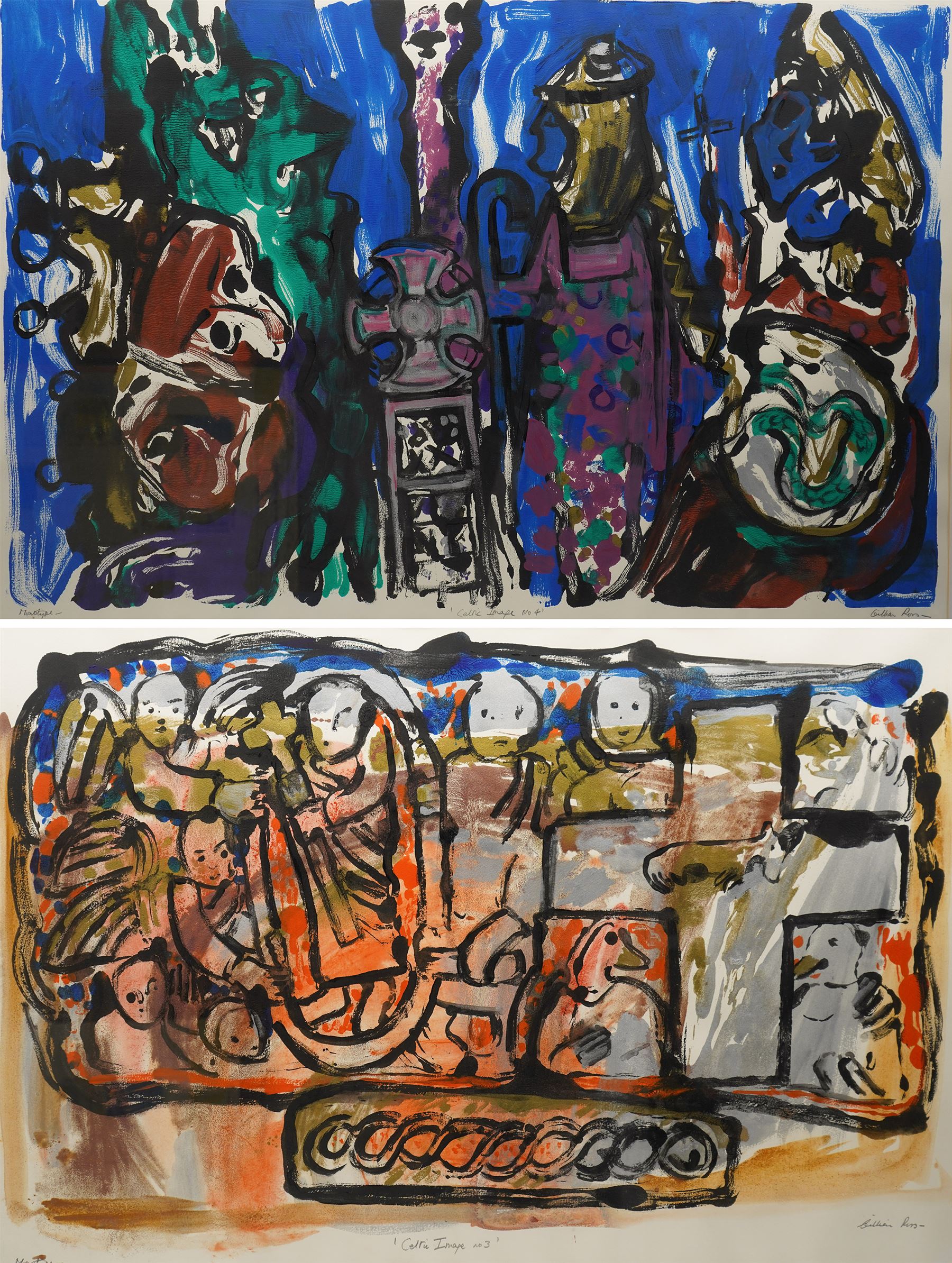 Gillian Ross Kelsey (British 1935-2025): 'Celtic Image No 3' and 'Celtic Image No 4', two acrylic monotypes signed and titled in pencil max 70cm x 110cm (2)