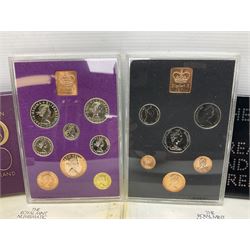 Two Great Britain and Northern Island proof sets dated 1970 and 1971, both with card cases, three 1986 Commonwealth Games commemorative two pound coins, in card folders, and six brilliant uncirculated one pound coins, in card folders