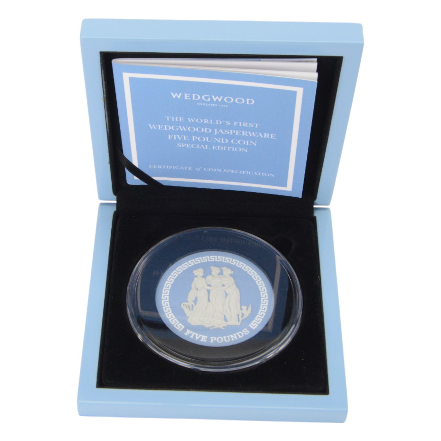 Queen Elizabeth II Tristan da Cunha 2018 Wedgwood Jasperware five pound coin, produced by Wedgwood for the Commonwealth Mint, distributed by the Bradford Exchange, cased and boxed with certificate