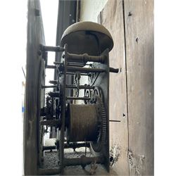 Robert Henderson of Scarborough -mid-18th century eight-day longcase clock c1750, with a flat topped pediment and broad cornice, carved frieze beneath and a square hood door flanked by detached pilasters with gesso capitals, profusely carved trunk with a break arch topped door on a square plinth raised on a shaped base, brass dial with a matted and engraved dial centre, cast spandrels and chapter with Roman numerals and five minute Arabic's, with a seconds dial and date aperture, dial pined directly to a rack striking movement with a recoil anchor escapement, sounding the hours on a bell. With weights and pendulum.
Robert Henderson was one of the first clockmaker recorded as working in Scarborough, b1678-d1756.

