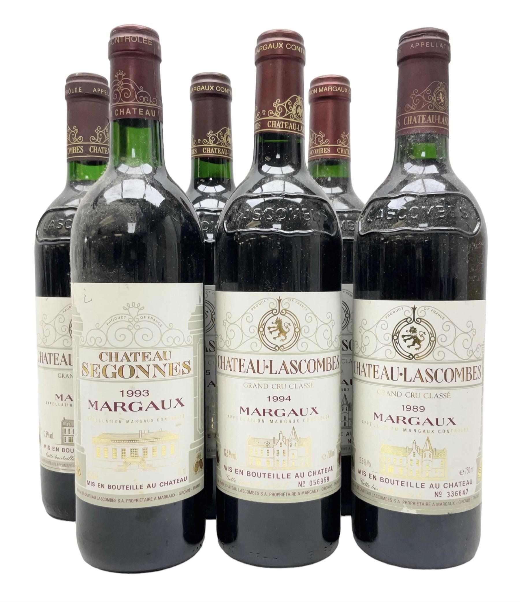 Chateau Lascombes, Margaux, comprising the years 1988, 1989, 1990, 1994 and 1995, 750ml 12.5% vol, together with Chateau Segonnes, 1993 Margaux, 750ml 12.5% vol (6)