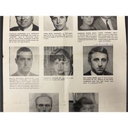 Great Train Robbery; Metropolitan Police printed poster, 'The Assistance of the public is sought to trace the whereabouts of the after described persons .....', printed by Wavell Press Ltd, 1963
Provenance by vendor repute: The poster was given to the vendor in 1985 by a colleague who was previously a detective sergeant of the Metropolitan Police, who had as a junior officer and worked on the case  of the Great Train Robbery. The hand written dates they were written on the poster when they were arrested   