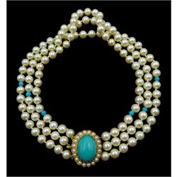 Three strand cultured pearl and turquoise bead choker necklace, with 9ct gold oval turquoise and pearl clasp, London 1982