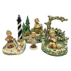Three Hummelscapes by Goebel, to include Summer Stroll, Cape Hatteras and Easter Morning, each with associated Hummel figures, tallest H18.5cm
