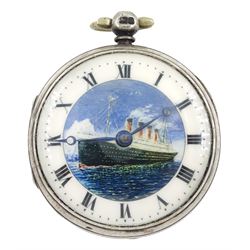 Victorian silver open face fusee lever pocket watch by J. Kelway, London, later enamel dial possibly depicting RMS Titanic, case by Joseph Sharpe, London 1861