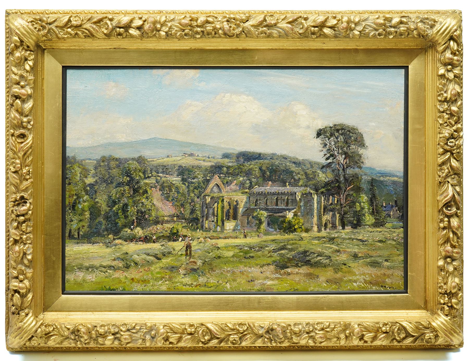 Herbert F Royle (British 1870-1958): Haymaking at Bolton Abbey, oil on canvas signed 39cm x 59cm in quality heavy gilt frame