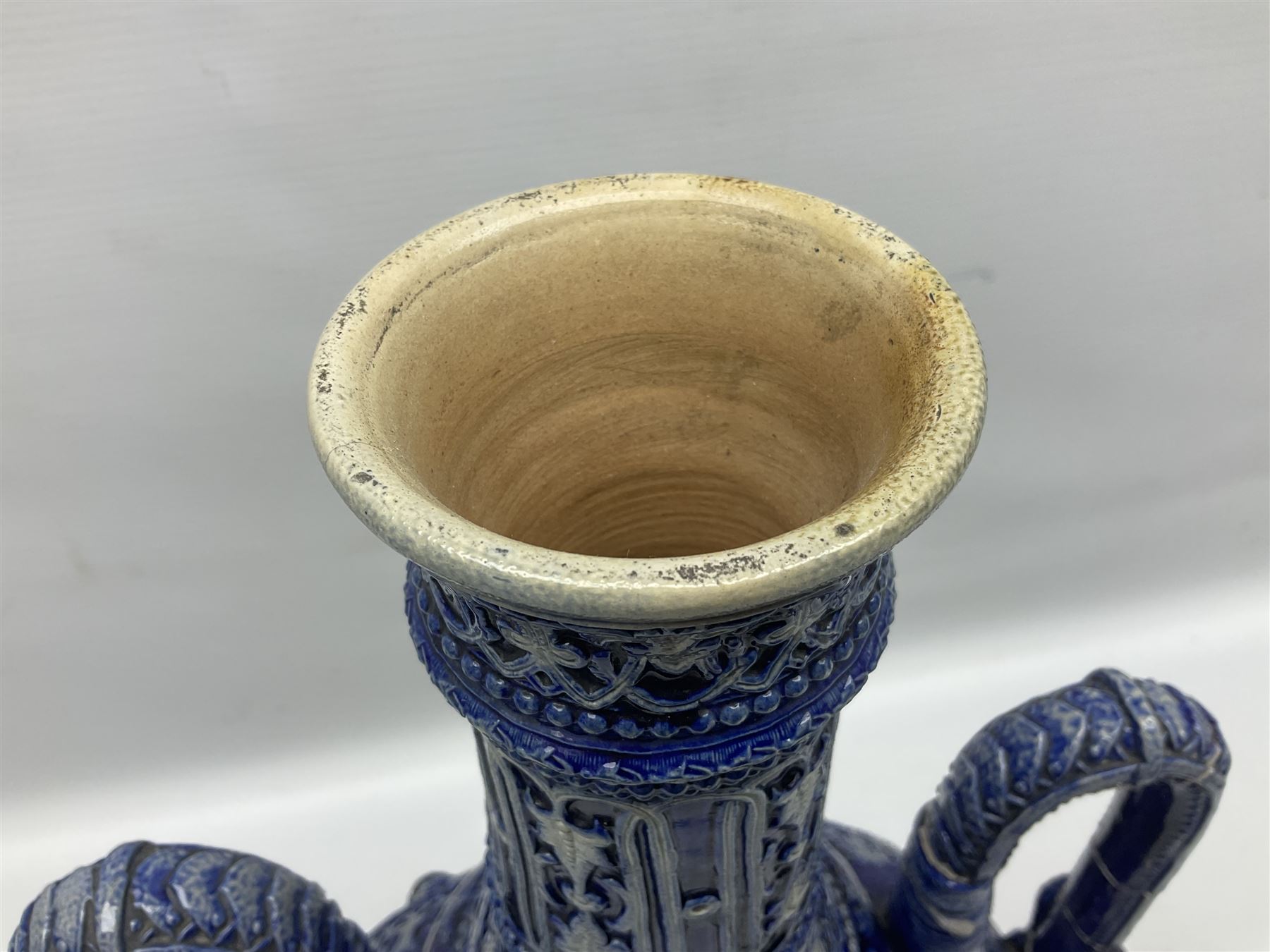 German stoneware blue glazed vase of flattened form with twin handles, H49cm (a/f)