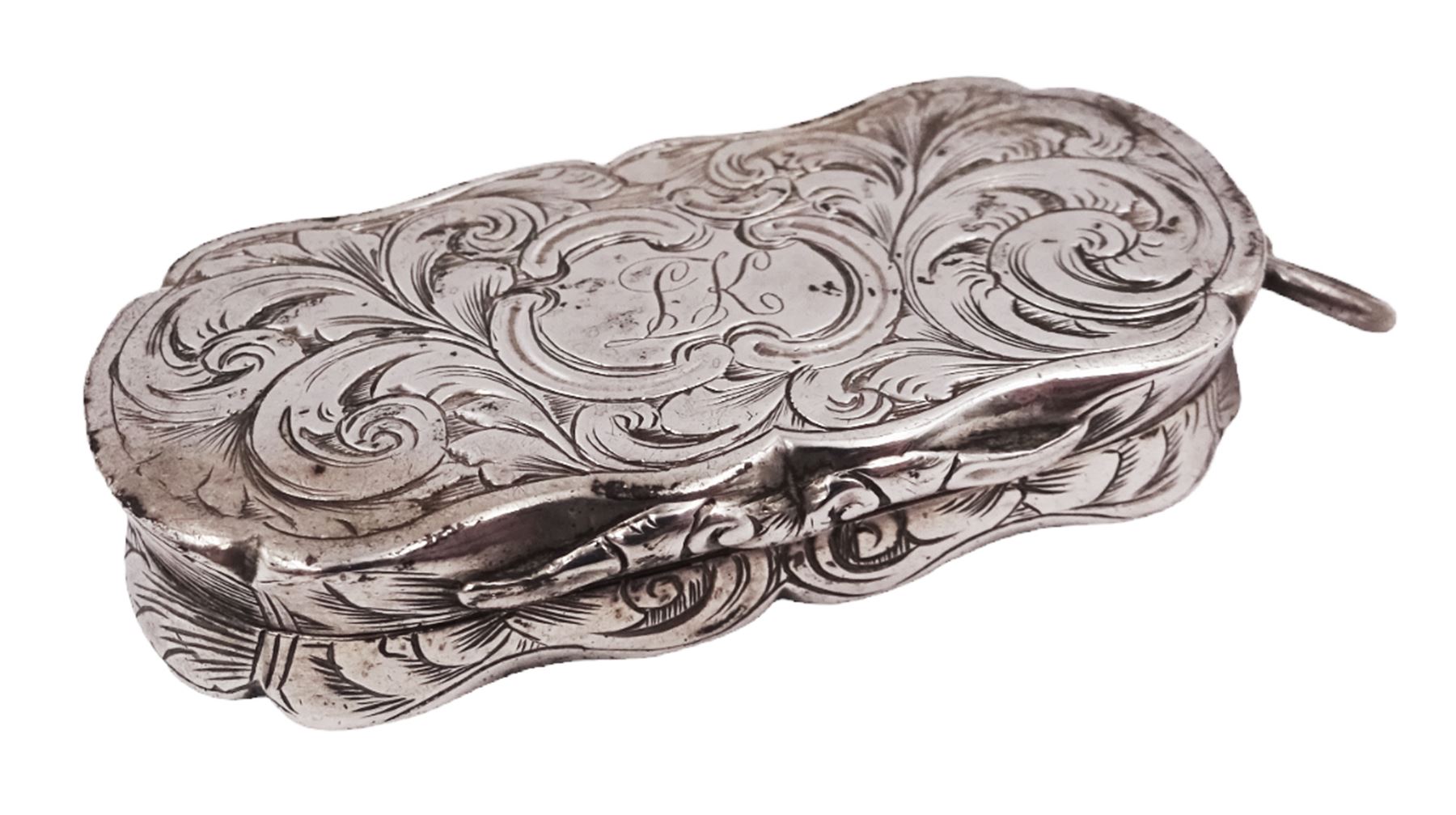 Victorian silver vinaigrette, of oval form with shaped rim, with engraved scrolling and foliate decoration and cartouche with initials, with foliate pierced gilt interior, hallmarked David Pettifer, Birmingham 1855, L4.3cm