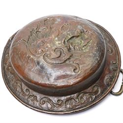 18th century Venetian copper two handled brazier, the base embossed with figures emerging from a cornucopia and a bishop's mitre, the border with embossed scrolls etc D50cm