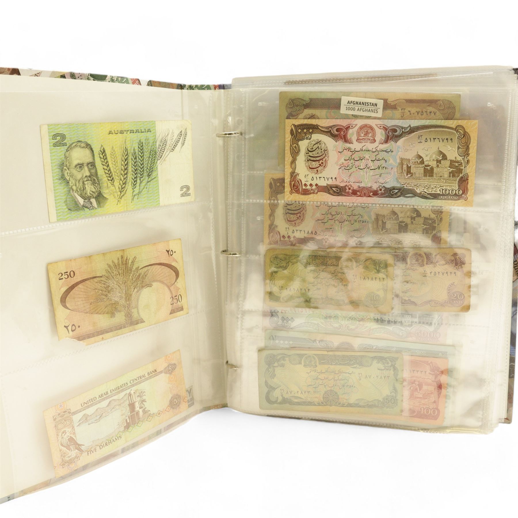 World banknotes, including Afghanistan, Australia, Morocco, Cyprus, Egypt, France pre-Euro, India etc, housed in a ring binder folder