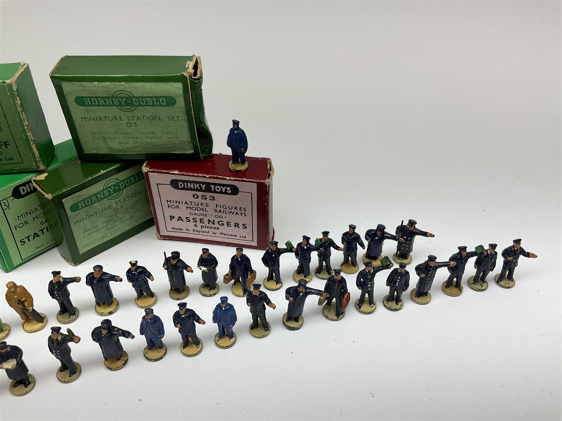 Hornby Dublo/Dinky - ten sets of railway station figures comprising three D1 Miniature Station Set/Railway Staff, three 051 Station Staff, two 053 Passengers and two 054 Railway Station Personnel; all boxed; and a 1001 box containing two figures (11)