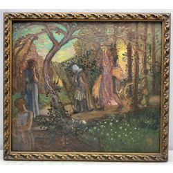 James Joshua Guthrie (Scottish 1874-1952): Figures in the Woods, oil on board unsigned, attributed verso 46cm x 52cm