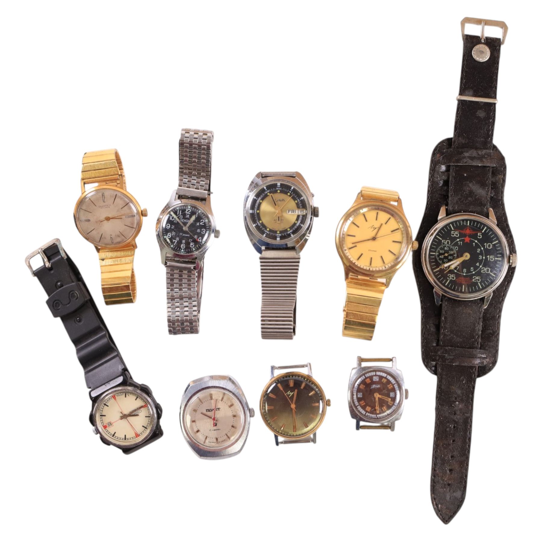 Collection of twenty-nine automatic and manual wind Russian wristwatches including Luch, Poljot, Boctoc and Slava, pocket watch and stopwatch