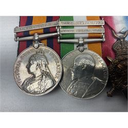 Boer War/WW1 group of five medals comprising Queens South Africa Medal with Transvaal clasp and Kings South Africa Medal with two clasps for South Africa 1901 & 1902 awarded to  2269 Pte. G. Thompson K.R.R.C.; together with British War Medal, 1914 Star and Victory Medal awarded to 6683 Pte. G.H. Thompson 3-HRS.; all with ribbons mounted for display on card; together with copy death certificate following discharge due to being physically unfit and other biographical photocopies.