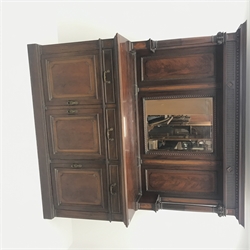  Late Victorian mahogany mirror back sideboard, projecting cornice, egg and dart detailing, moulded top above reeded columns flanking three drawers and three cupboards, plinth base, W201cm, H212  
