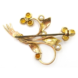  9ct gold floral bouquet brooch set with citrine and seed pearls  