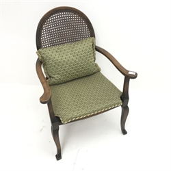 Early 20th century beech framed armchair, cane seat and back, cabriole legs, W58cm
