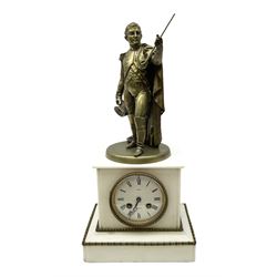 19th century French white marble mantel clock, the cuboid body surmounted by a gilt bronze figure of Napoleon, over a white enamel dial with Roman numerals, inscribed Rossi Norwich, enclosing a French brass eight-day movement striking on a bell; stepped base with gilded beaded and bobbin-turned edges H44cm