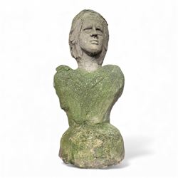 Two large cast stone figures with small lion and face stone pieces