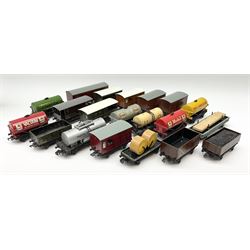 Hornby Dublo - twenty unboxed wagons including seven tank wagons for United Dairies, Traffic Services, Power Petrol, Mobile, Shell, Vacuum and Esso, brake vans, covered wagons, open wagons, timber carrier, cable drum wagon etc (20)