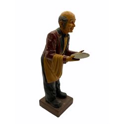 Model butler on plinth, painted plaster form, with silver-plated tray
