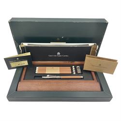 Graf Von Faber-Castell Pencil Cassette, housed in alder wood presentation box with mirrored hinged lid, containing platinum plated Perfect Pencil, sharpener, four erasers and four replacement pocket pencils with native alder handles hand-selected by Nuremberg woodcarvers, with certificate, cloth and original green box