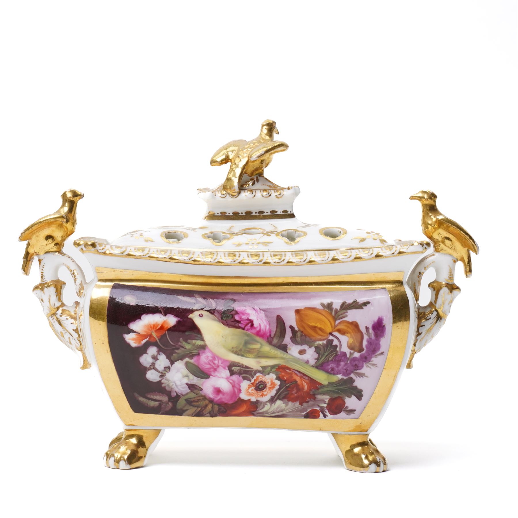 Early 19th century bough pot, hand-painted to each side with birds, modelled with bird lift and two birds perched on handles in gilt, unmarked but in the manner of Coalport, W19cm