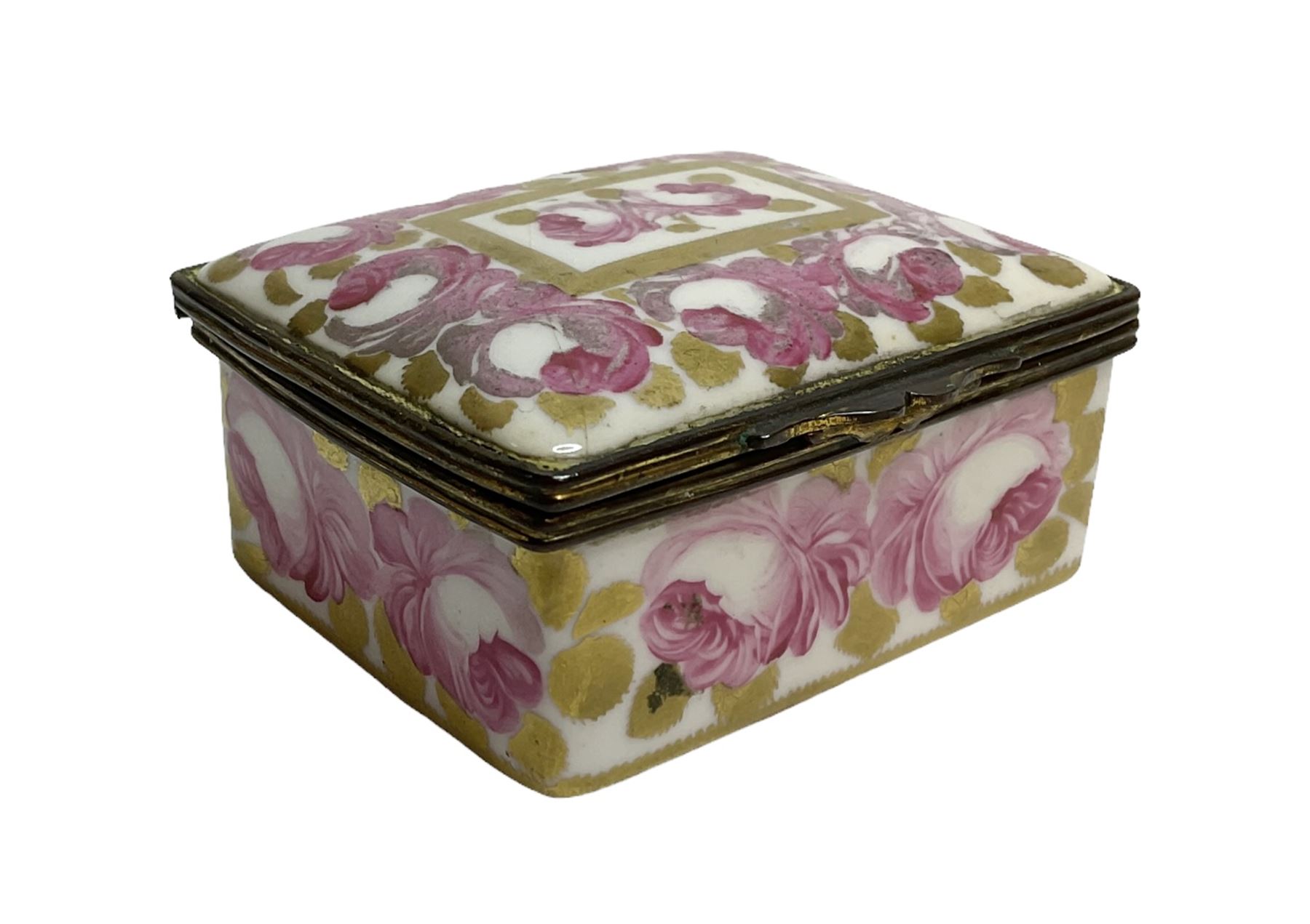 Early 19th century Swansea box of rectangular form, densely decorated with painted pink cabbage roses and gilt foliage upon plain ground, the hinged lid opening to reveal interior painted with two further roses upon plain ground, marked Swansea. in gilded lettering beneath, W7cm H3.5cm D5.5cm