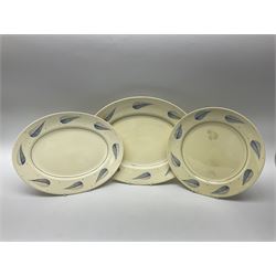 Susie Cooper Hyde Park pattern coffee set, comprising coffee pot, four coffee cans and saucers, dessert plates, together with three plates in a similar design 