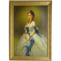  English School (20th century): Portrait of a Victorian Lady in a Ivory Silk Dress with a Blue Sash 118cm x 78cm   