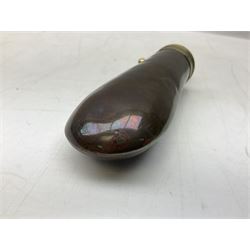 Two Sykes Patent brass mounted small load powder flasks with fire proof safety tops - one with slim plain copper body H17.5cm; the other with plain gun metal body H19cm (2)