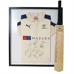 Yorkshire County Cricket Club signed bat and shirt, the cricket bat signed by members of t...