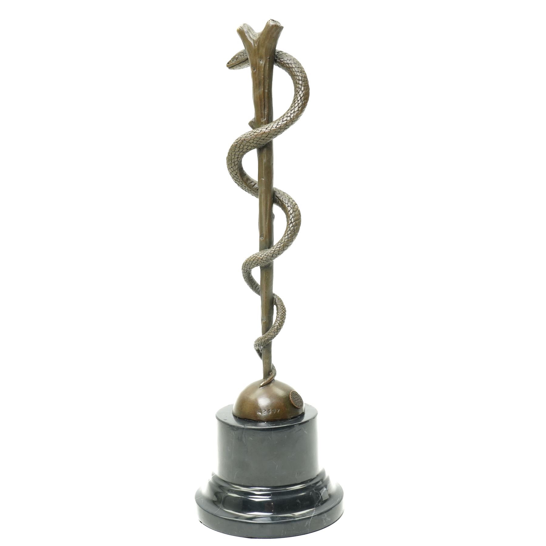 Bronze of the Staff of Asclepius with foundry mark on marble base H38cm